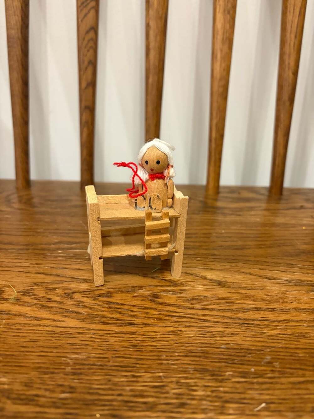 Vintage Handcrafted Wooden Peg Doll on Bunk Bed Miniature